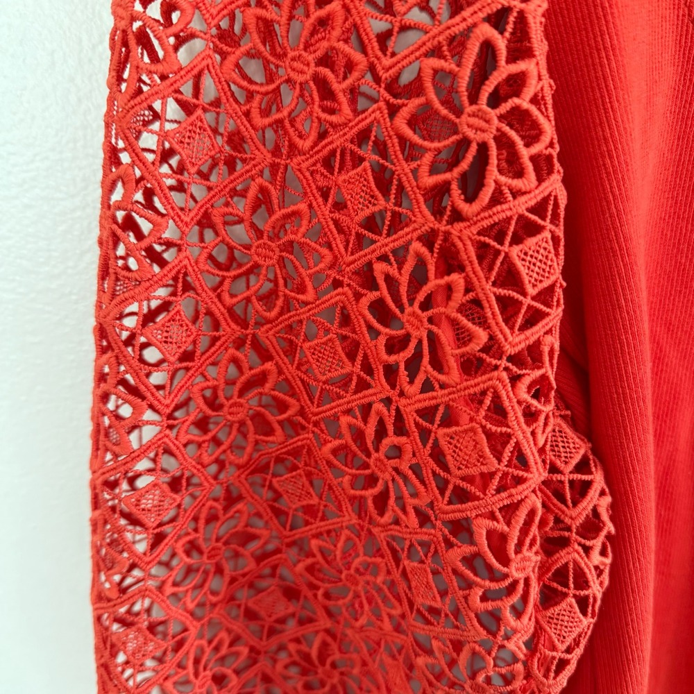 Maeve Anthropologie Red Ribbed Knit Top Floral Guipure Lace Balloon Sleeve Sz XS - Picture 9 of 12
